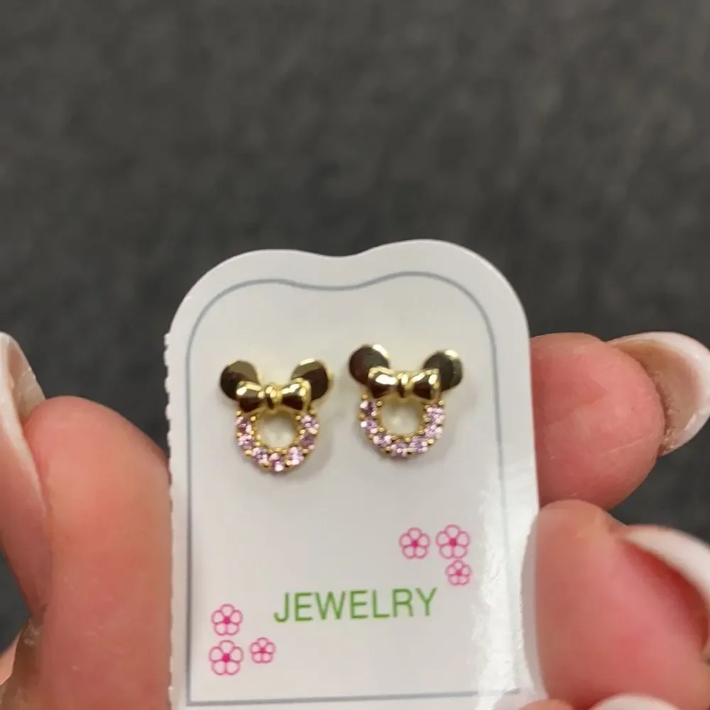 New Kids Girls Earrings gold plated CZ Pink Mouse.
